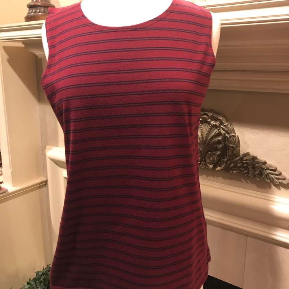 Sleeveless shell. Burgundy with navy stripes. Great layering piece.